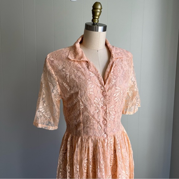 Vintage 90s Passports Pier 1 Pink Lace Midi Dress Medium Cottagecore Dainty - Picture 8 of 15